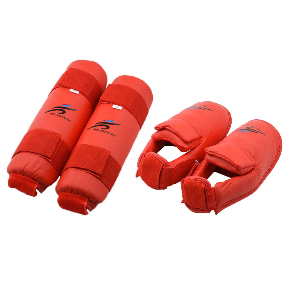 Blue karate protective gear set showing helmet, boxing gloves and leg guards for martial arts training