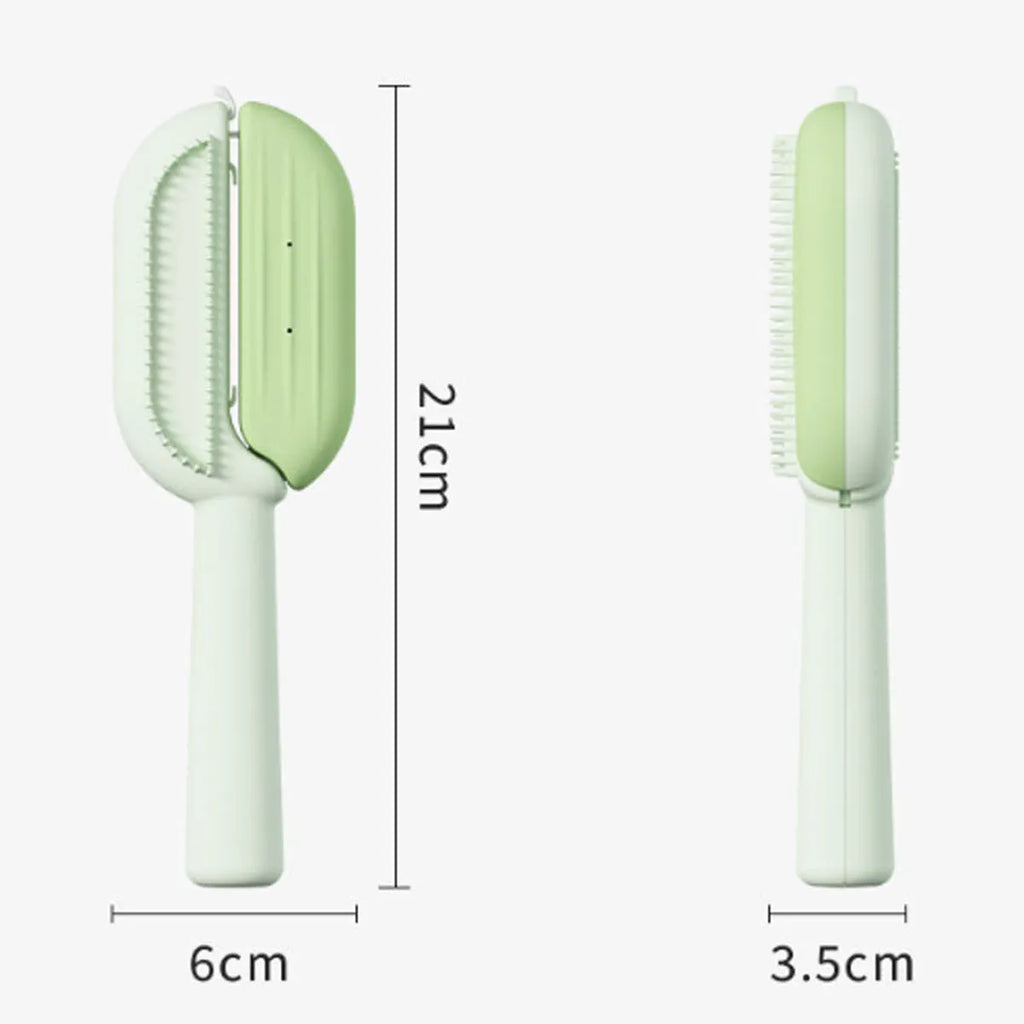 Blue pet grooming comb with water tank for removing hair and detangling knots on dogs and cats.