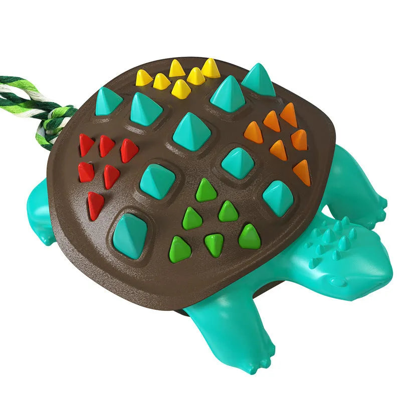 Natural rubber mint dog toothbrush chew toy with dinosaur knot tail in two-tone colours.