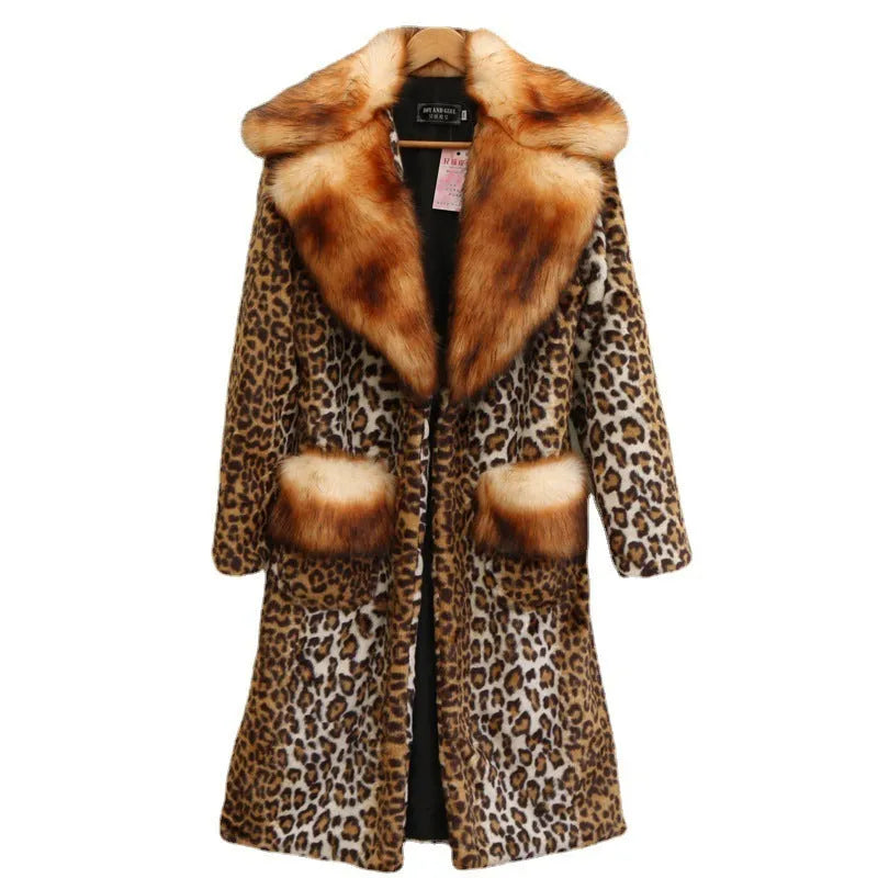 Women's long leopard print artificial fur jacket on a hanger
