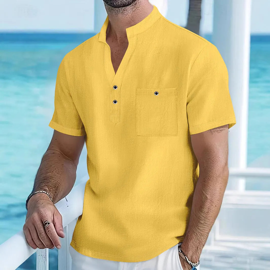 Men's loose fit linen blend short sleeve T-shirt with a stand collar in a light colour.