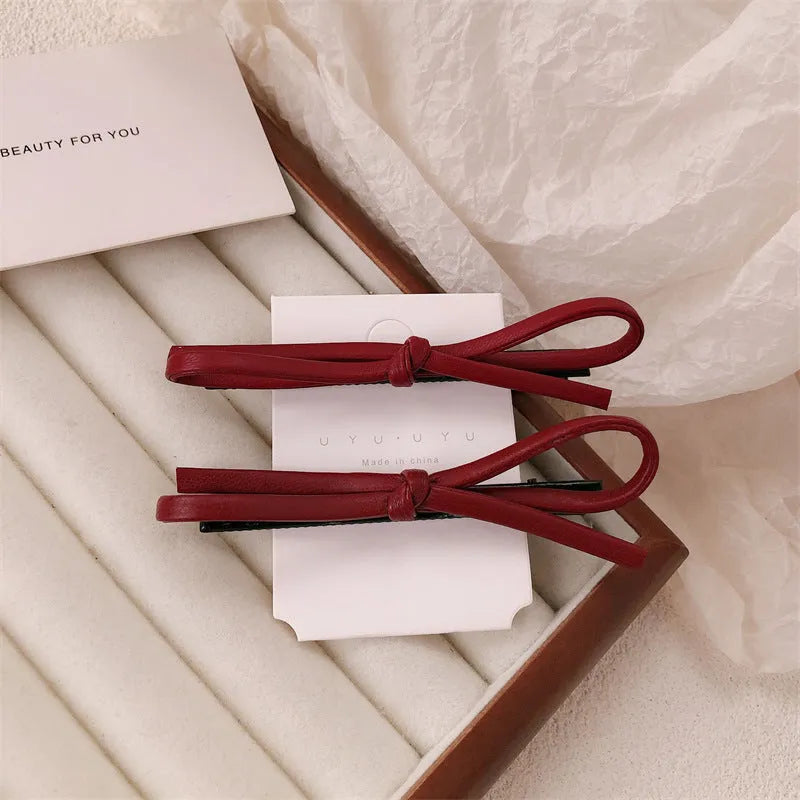 Wine red leather bow hair barrettes for women's hair styling accessories