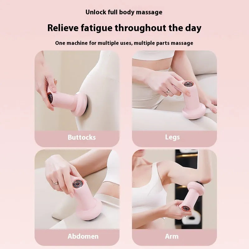 A handheld pink electric massager for the neck, back, waist and legs with a USB charging port.
