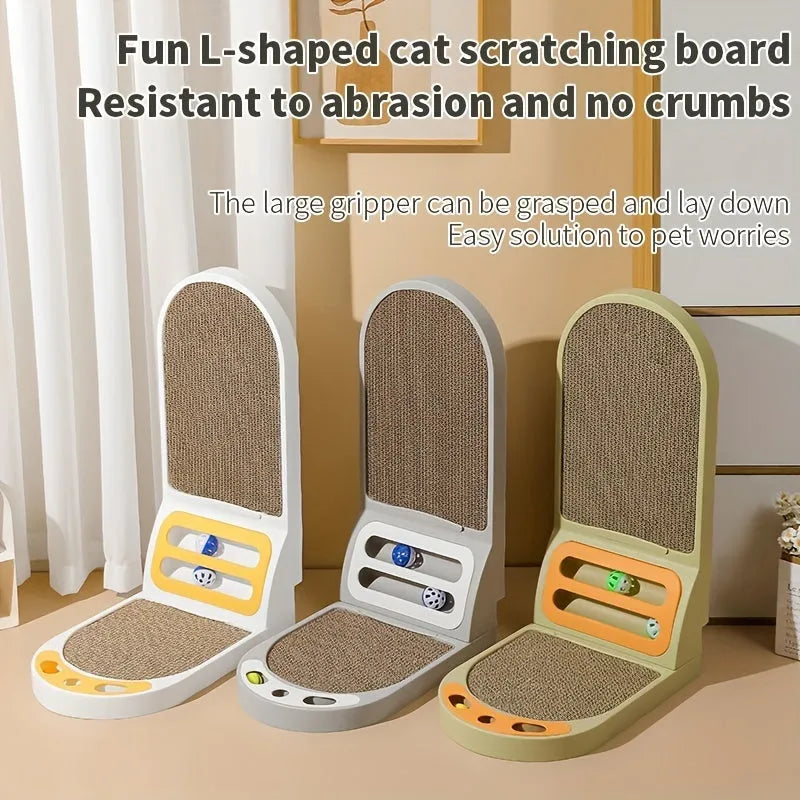 L-Shape vertical cat scratching board with textured jute surface in grey, green, or white colour.