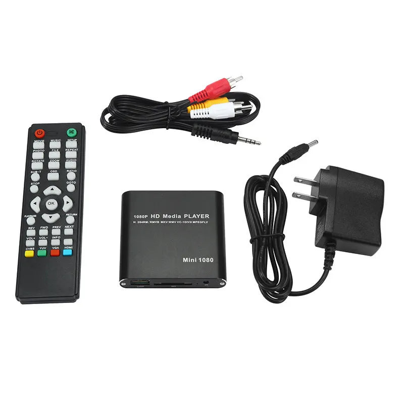 Compact black or blue 1080P HDMI media player with USB and SD card ports.