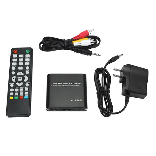 Compact black or blue 1080P HDMI media player with USB and SD card ports.