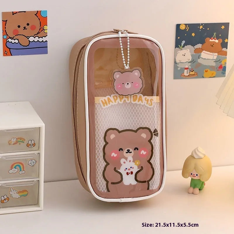 Transparent PVC pencil case with Korean cartoon pattern in vertical orientation