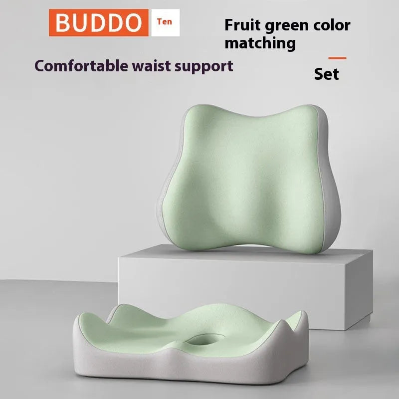 Memory foam seat cushion with waist rest for office sitting in grey green colour option