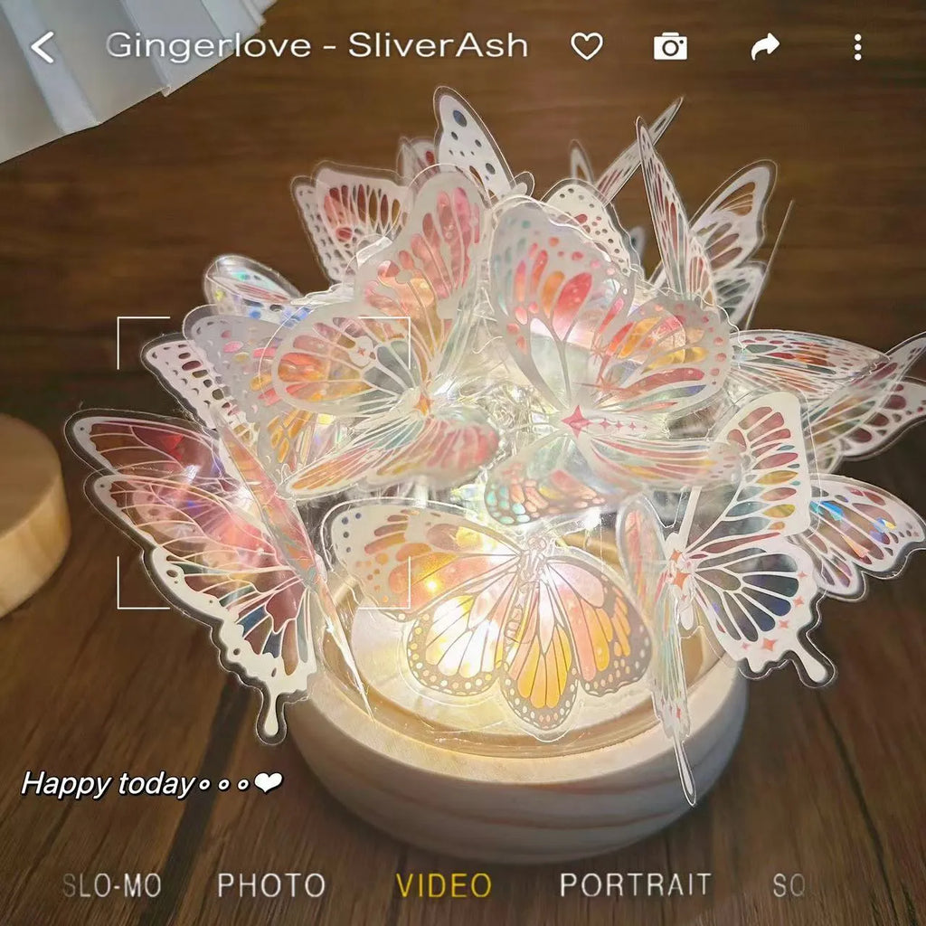 Butterfly night lamp with glass shade on wood base, bedside ambience lighting