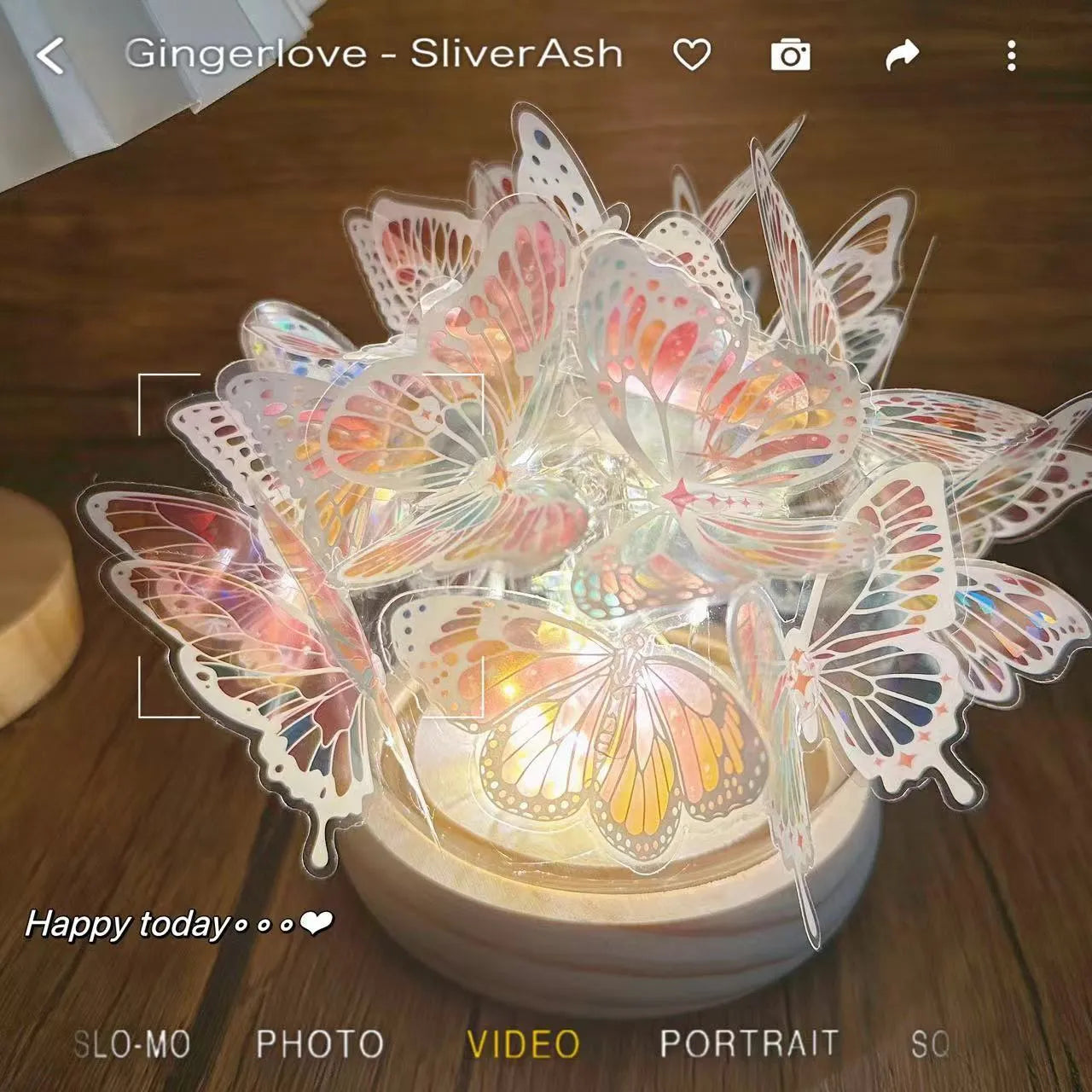 Butterfly night lamp with glass shade on wood base, bedside ambience lighting