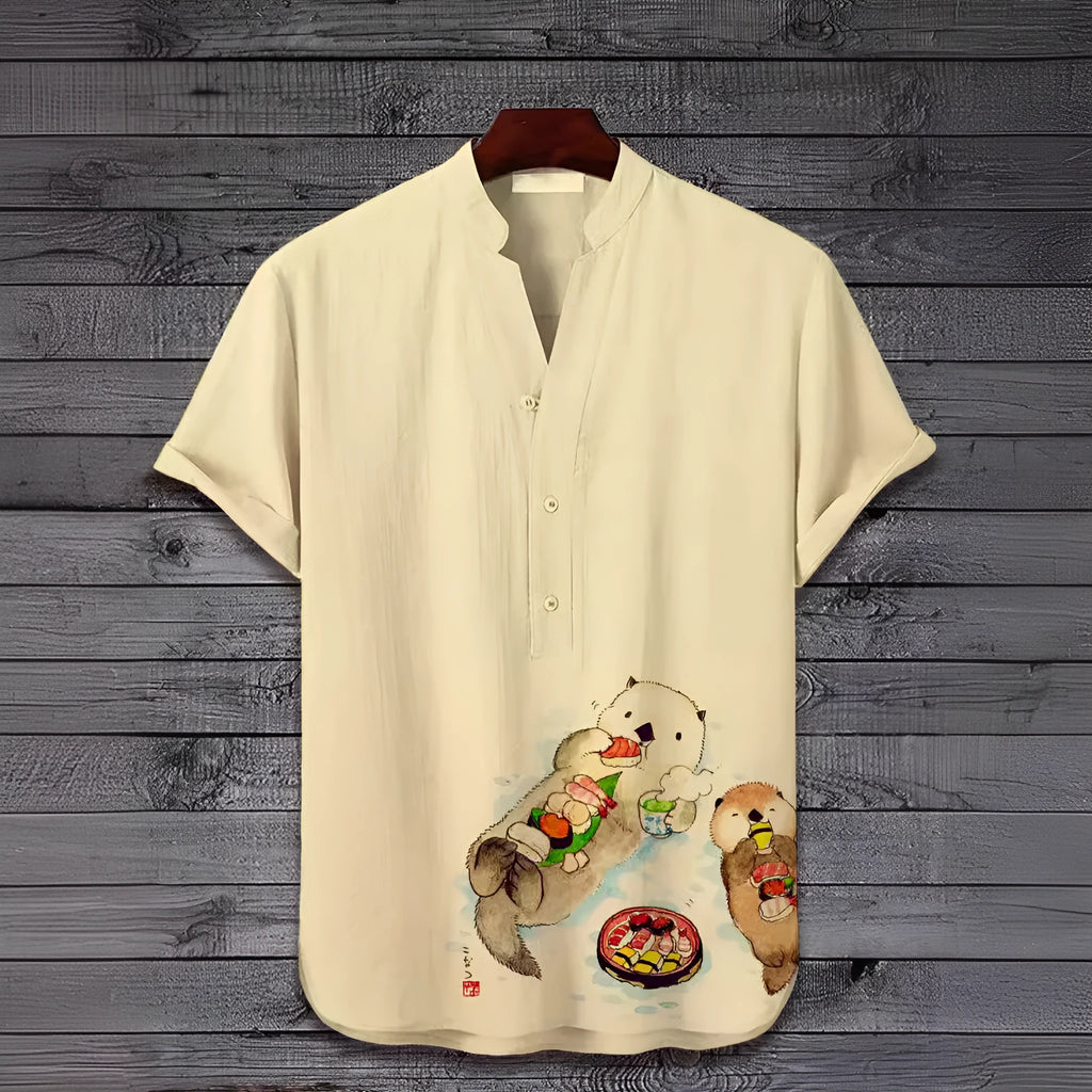 A short sleeve t-shirt with a colourful 3D digital animal graphic print on the front.