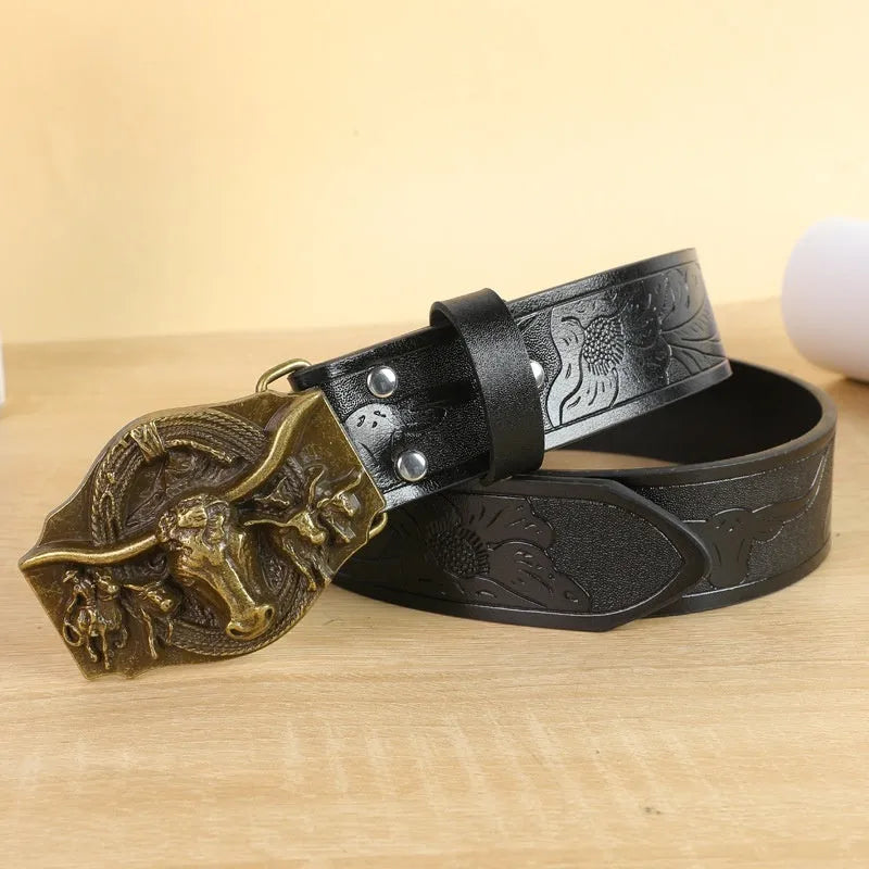 Men's brown belt with detailed cow head alloy buckle and imitation leather strap showing pin buckle closure