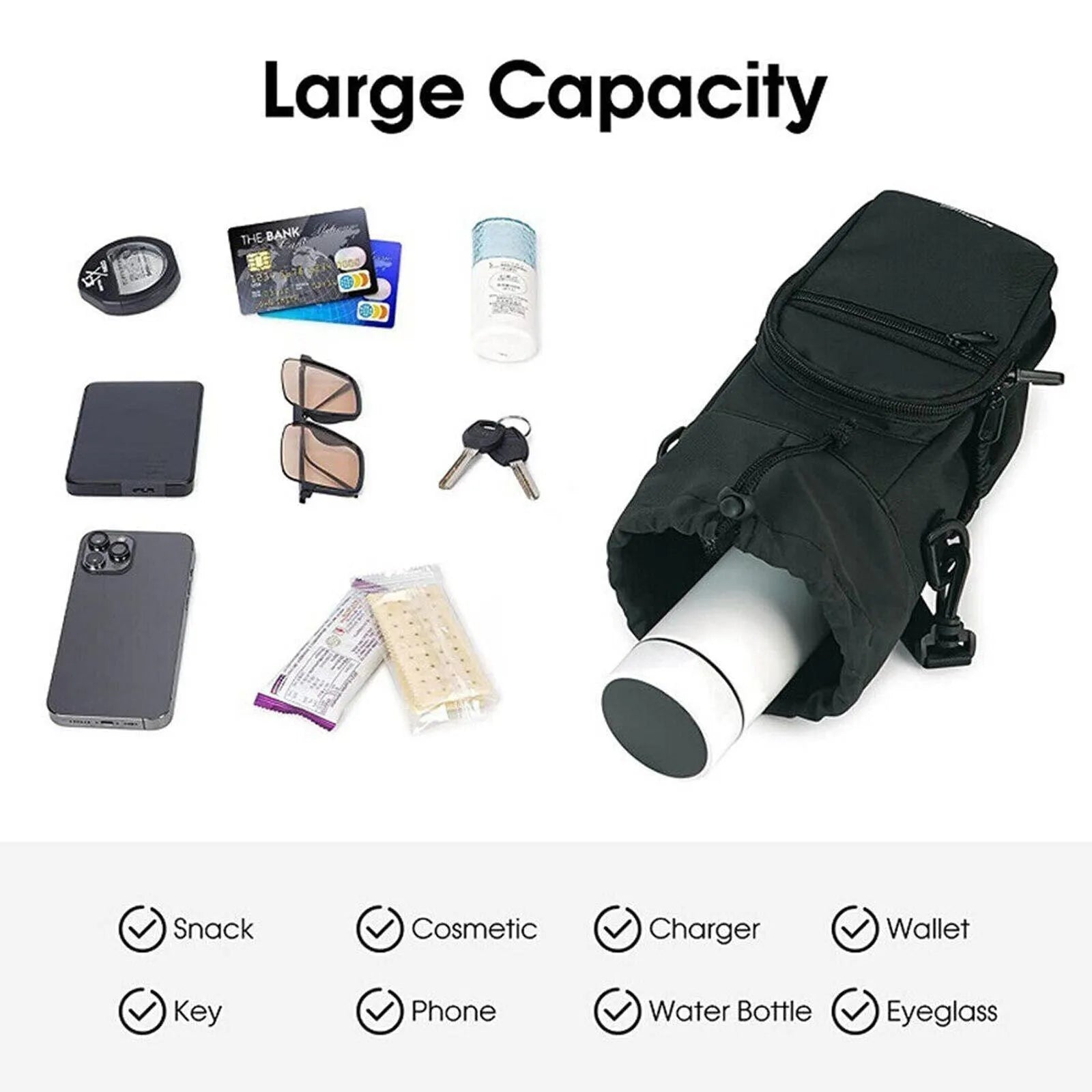 Canvas water bottle shoulder bag with crossbody strap in black, green, and pink colour options