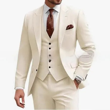 Men's slim-fit three-piece suit in chemical fibre blend fabric available in multiple colours