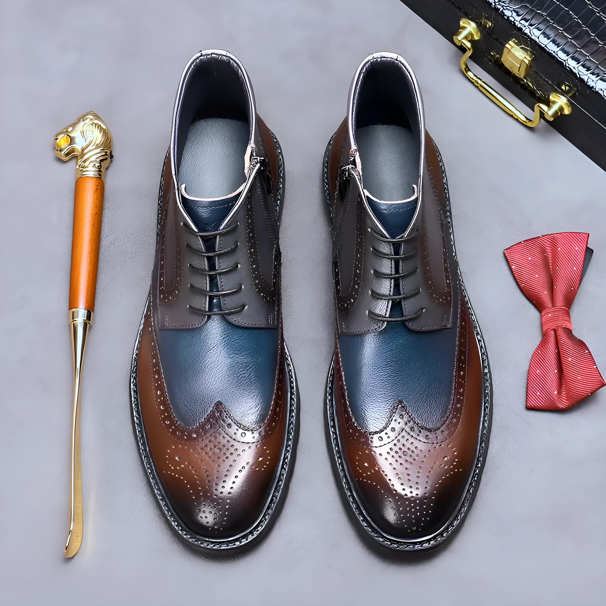 Curry blue leather brogue boots with colour blocking and carved detailing