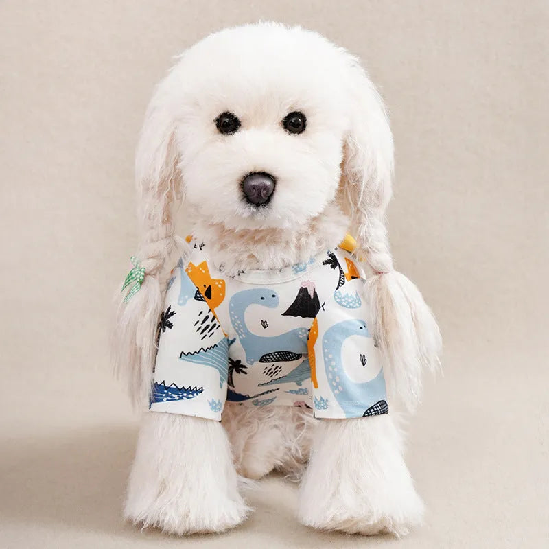 Small dog wearing full print polyester T-shirt clothing in casual style with measured bust and back length