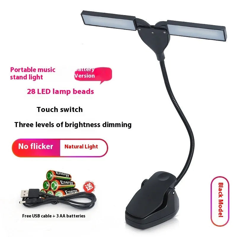 Black rechargeable music stand light with 28 LED lamps and USB cable