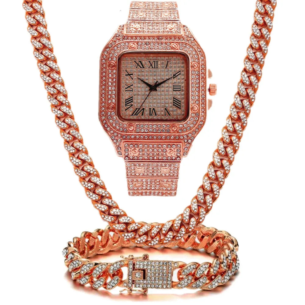Women's Roman numeral quartz watch set with bracelet and necklace in gold, rose gold, or silver.