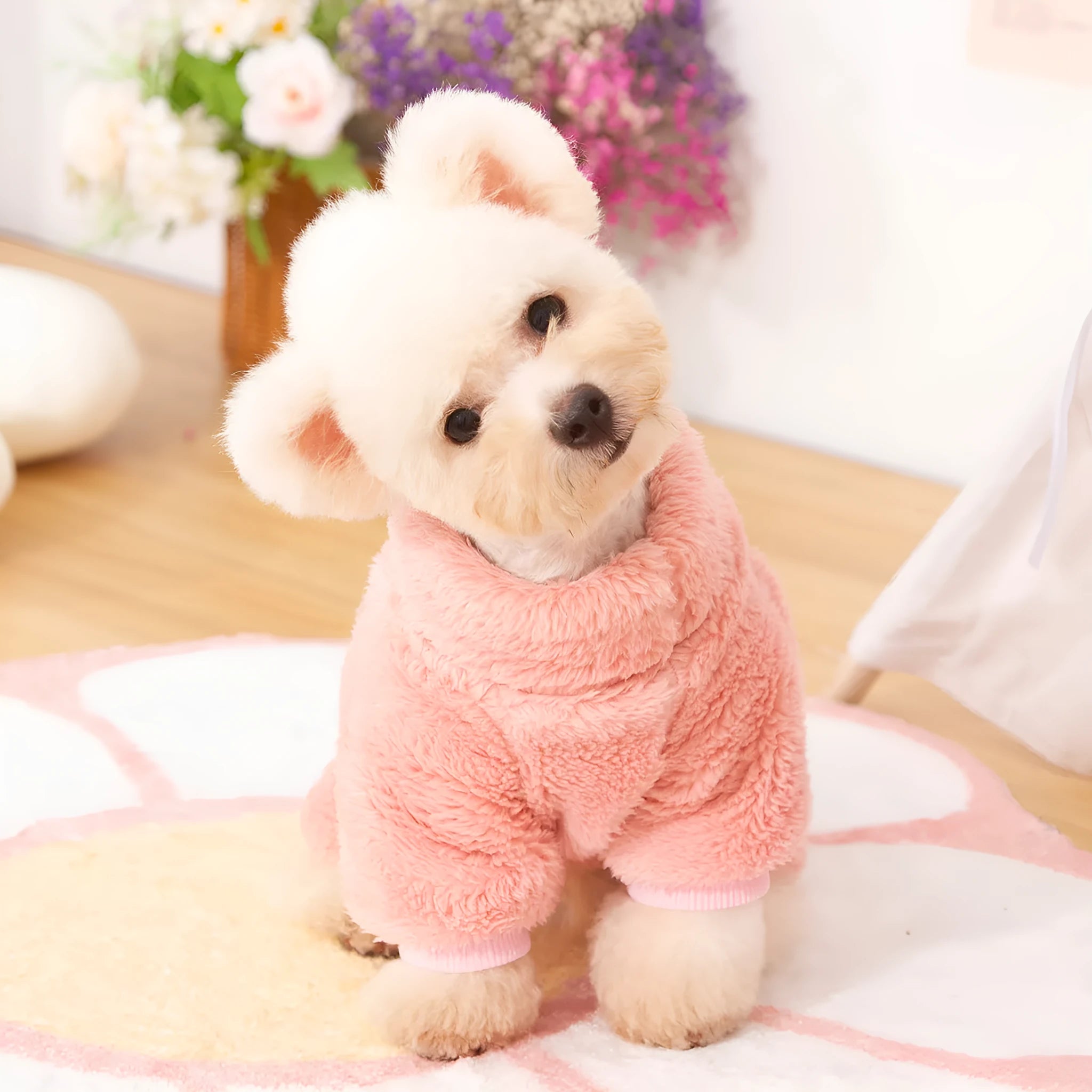 Four-legged dog clothes in double-sided plush fabric with high collar and towing ring in khaki, pink, and blue colours