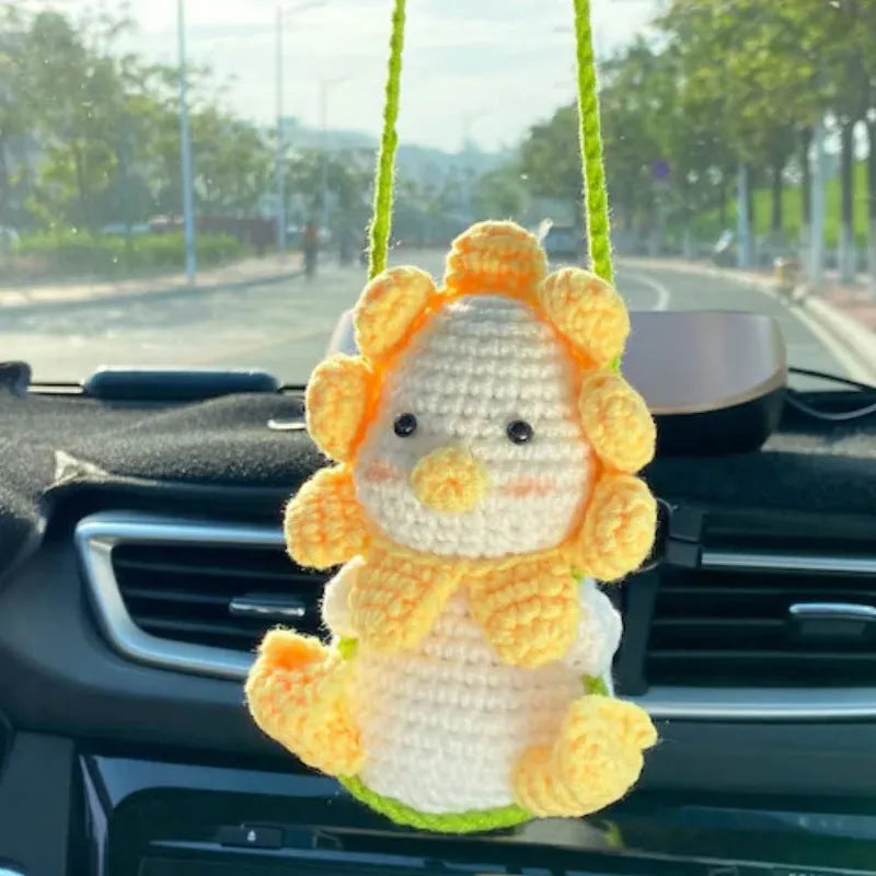 Green and white crochet car plant ornament with 25cm white hanging rope on 8cm basin base