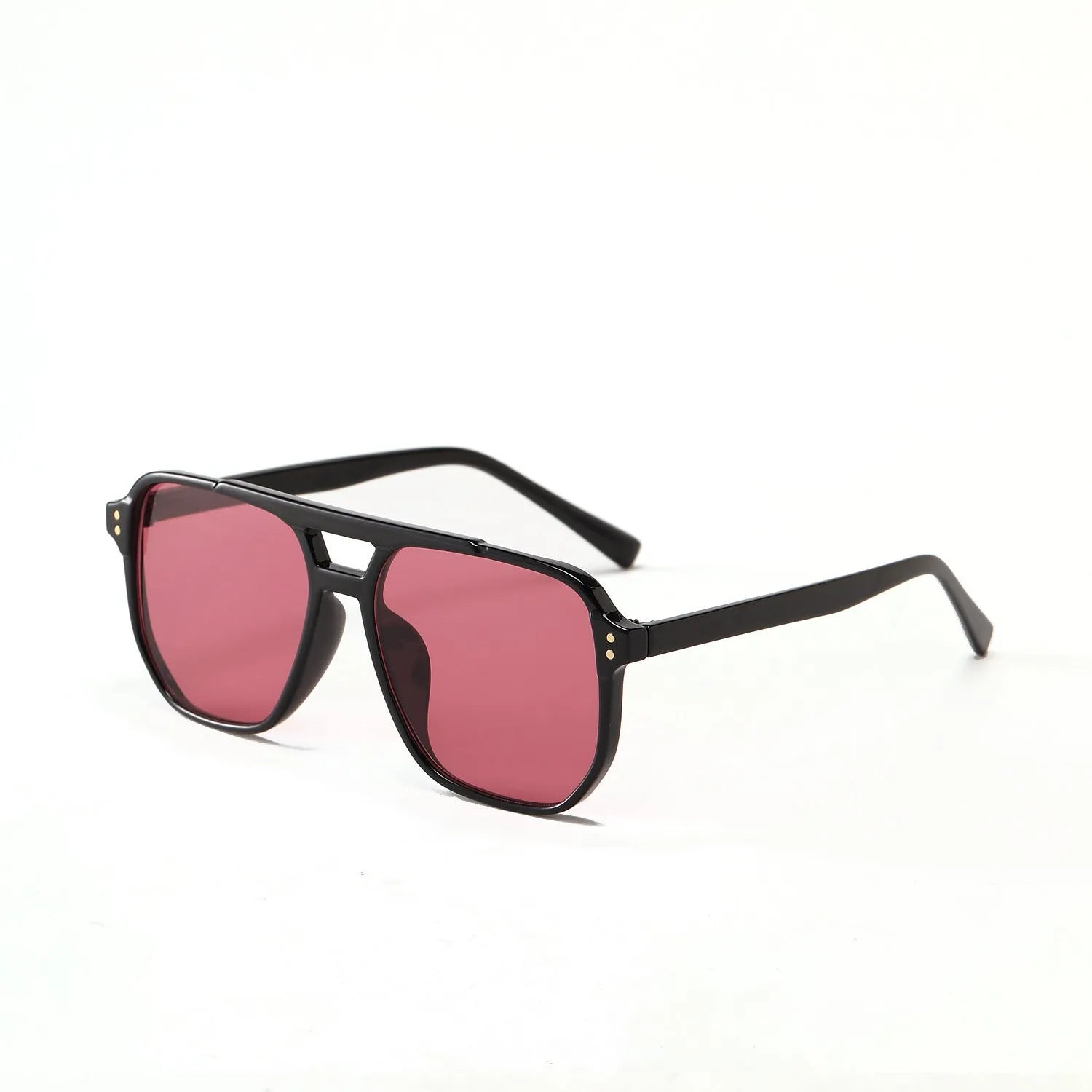 Square double beam full frame sunglasses for women in black frame with pink lenses.