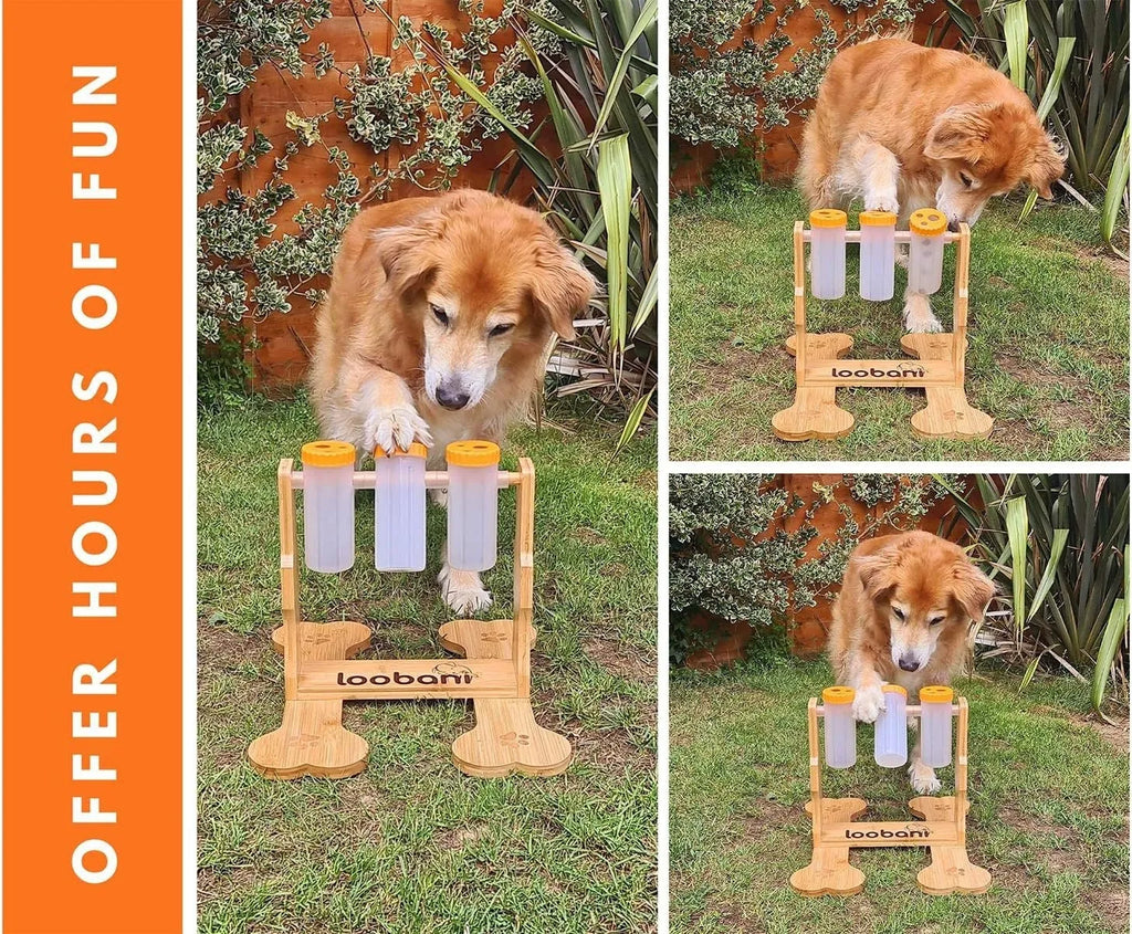 Wooden interactive dog puzzle toy and slow feeder with treat compartments, dimensions 31x30x20cm.