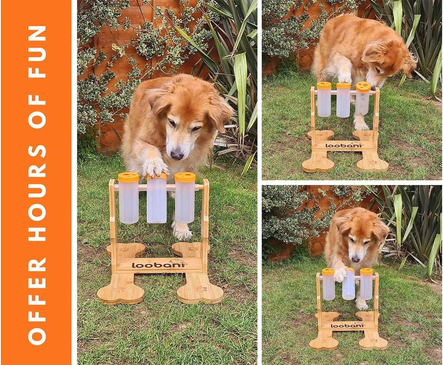 Wooden interactive dog puzzle toy and slow feeder with treat compartments, dimensions 31x30x20cm.