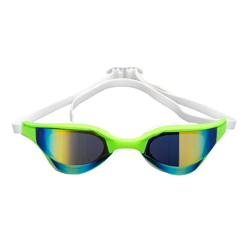 Anti-fog swimming goggles with polycarbonate lenses shown with large and small nose bridges in a plastic mirror box.