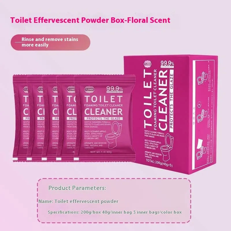 Toilet bubble powder descaling cleaner in blue ocean and pink floral fragrance, showing 240g bag and box of 5 sachets.