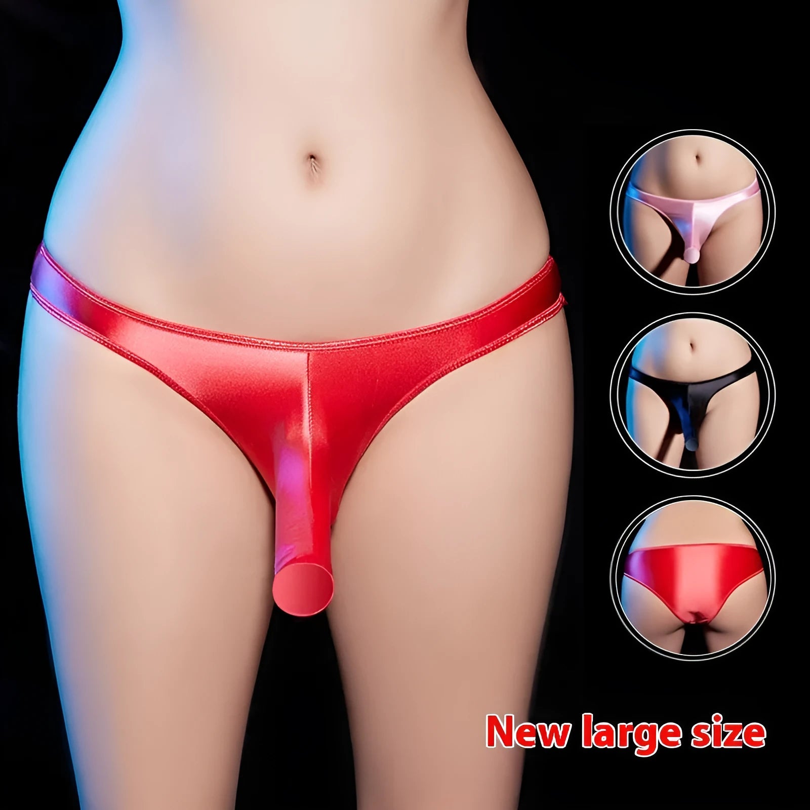 Men's shiny nylon low waist T-back underwear in black, shown from front and back.