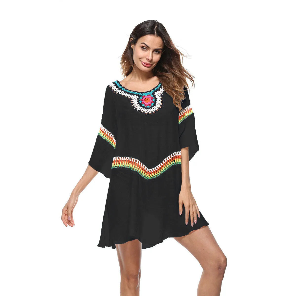 Women's crocheted ethnic style sun protection clothing cover-up in apricot colour.