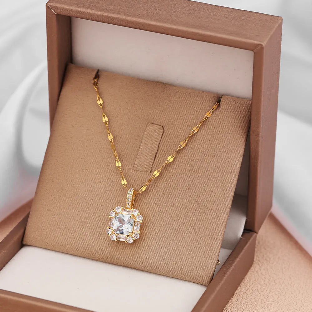 Gold titanium steel clavicle chain with geometric zircon inlaid pendant on water wave chain