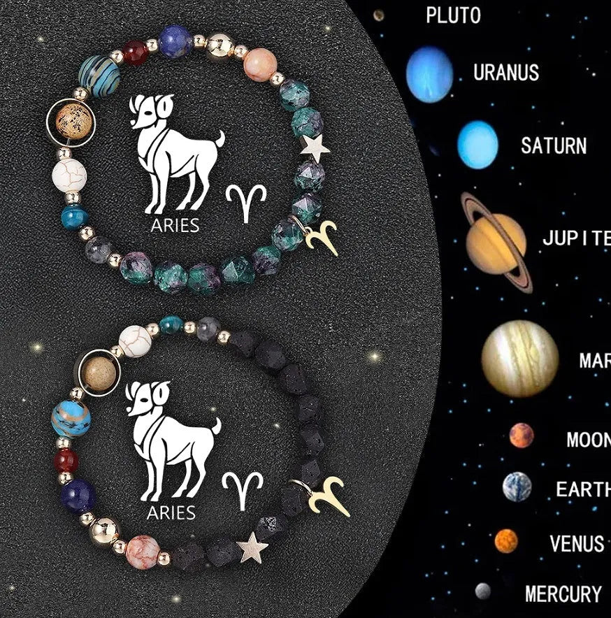 Two natural stone beaded bracelets with zodiac sign charms, representing a 12-style astrology set.