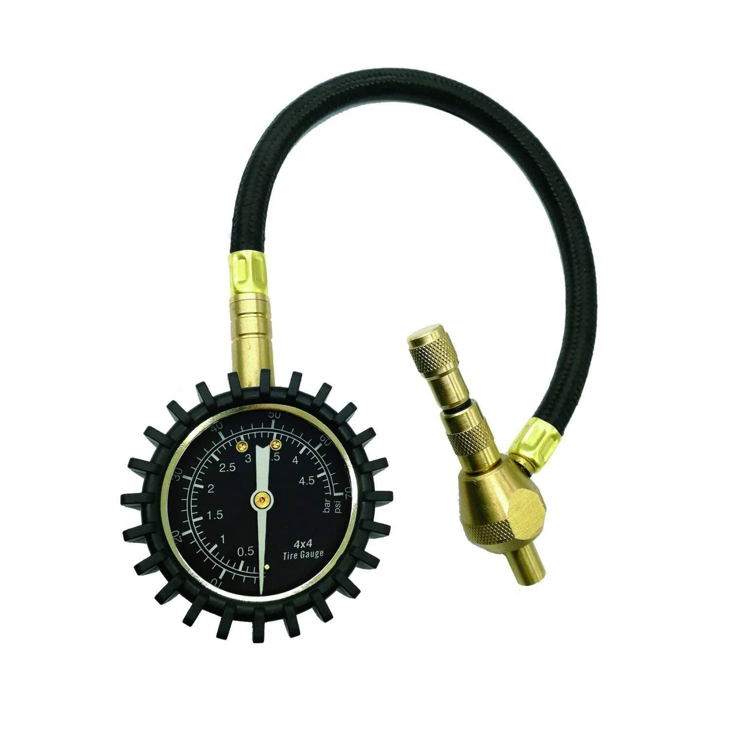 Mechanical off-road vehicle tyre pressure gauge with metal body and rubber shell, showing pressure dial.