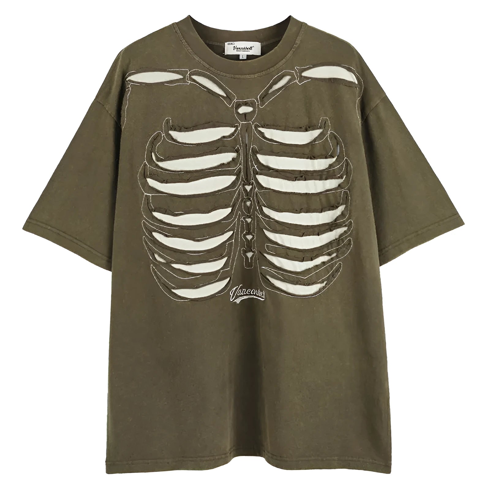 Brown loose fit men's T-shirt with a large printed skull and letter design, featuring drop shoulder sleeves.
