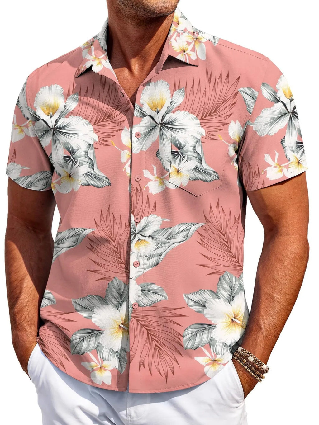 Man wearing a slim fit short sleeve Hawaiian print cardigan shirt in a solid colour.