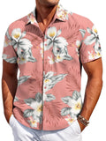 Man wearing a slim fit short sleeve Hawaiian print cardigan shirt in a solid colour.