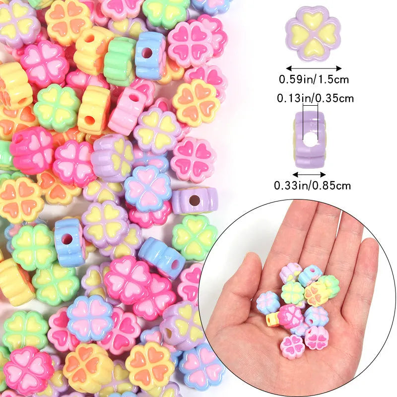 15mm frosted acrylic four-leaf clover love beads in mixed colours including rose red, pink, yellow, green, blue, purple.