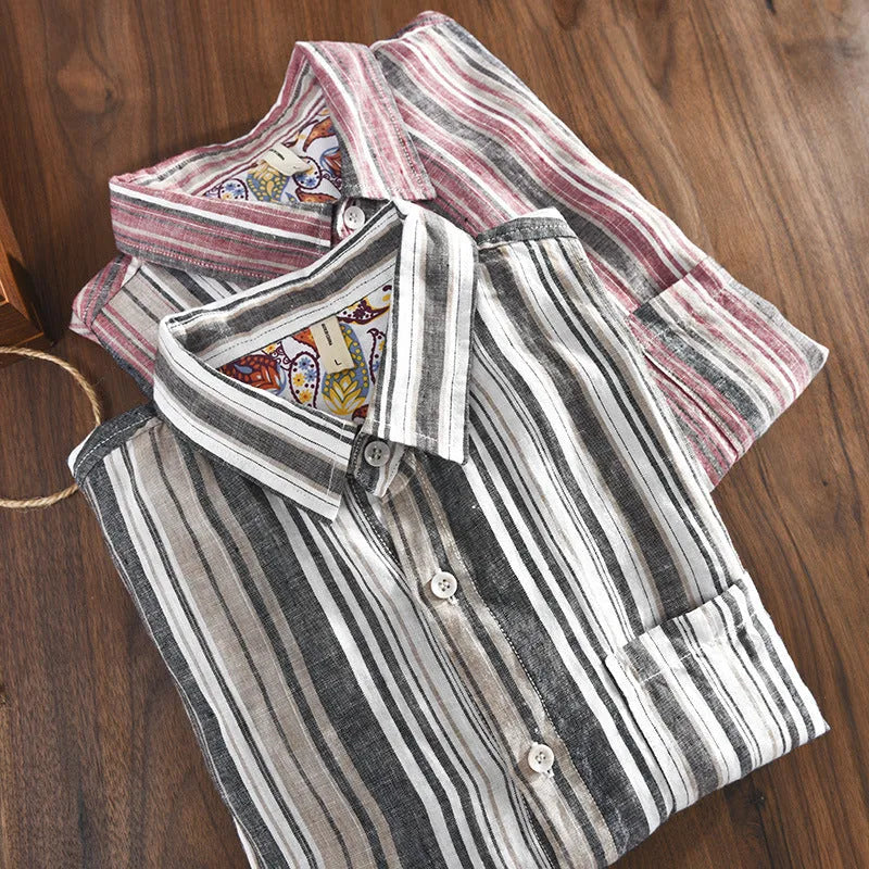 Men's loose fit striped linen shirt in red, shown on a model.