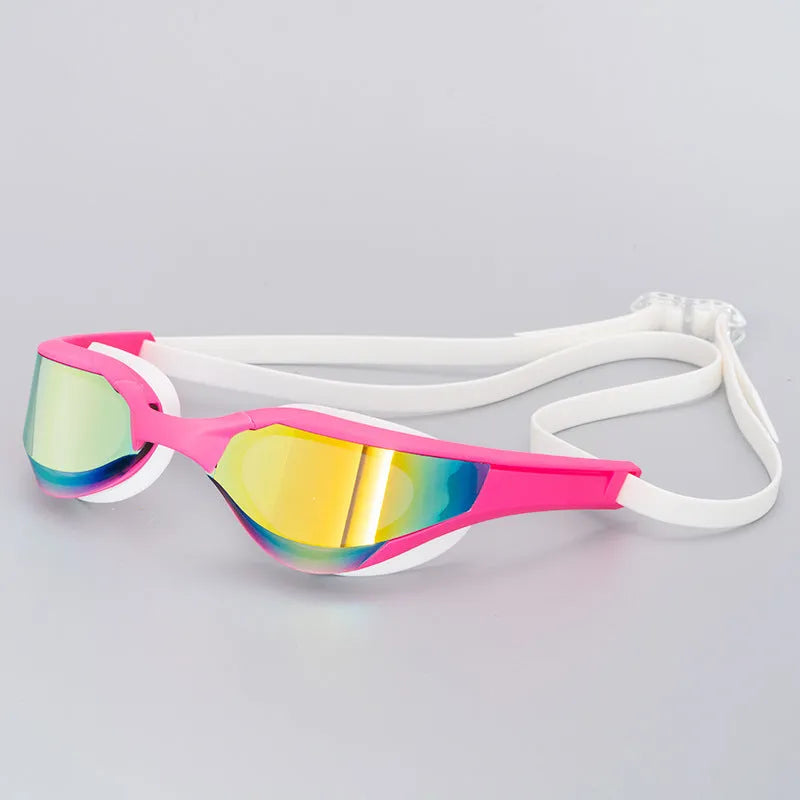 Anti-fog swimming goggles with polycarbonate lenses shown with large and small nose bridges in a plastic mirror box.
