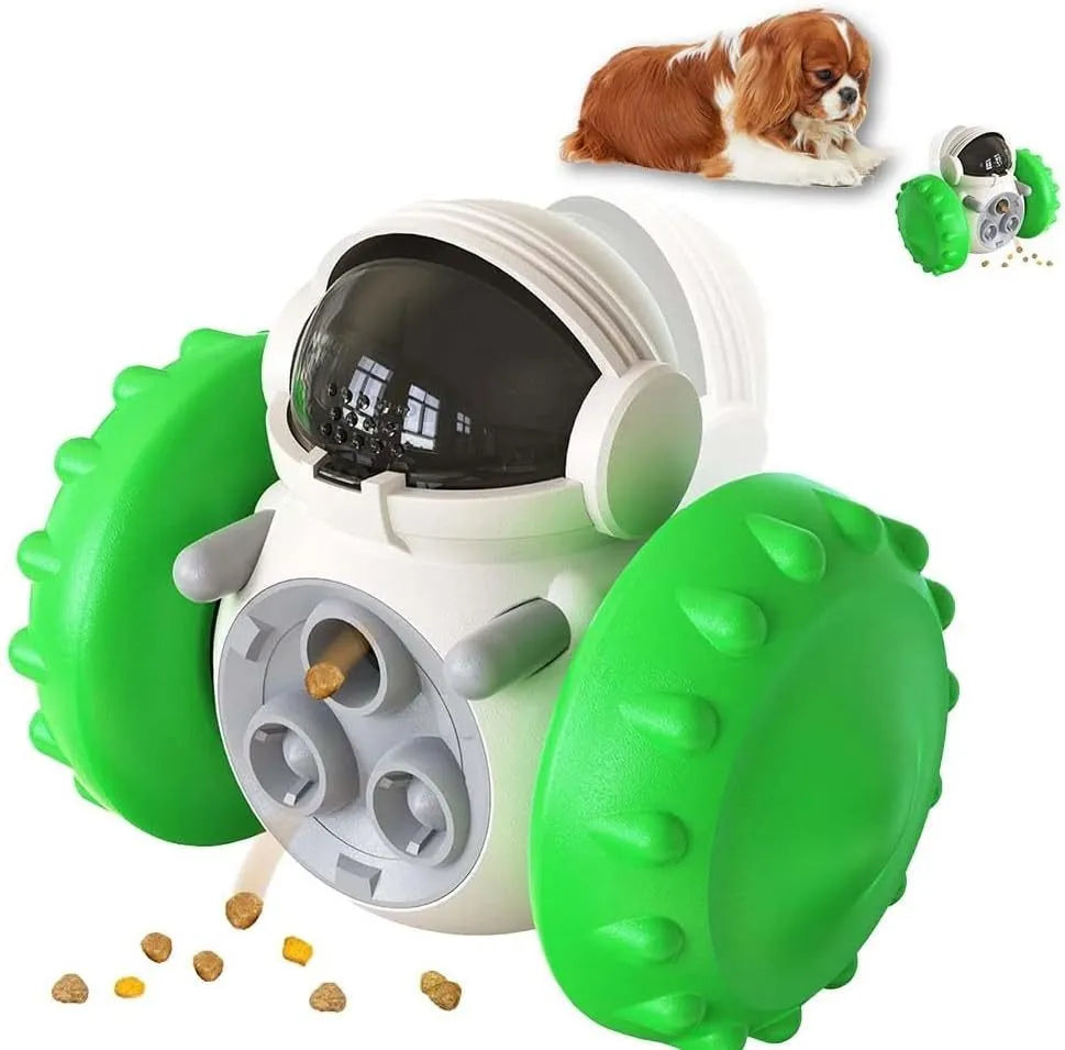 Self-balancing dog treat dispenser toy in robot design for interactive pet play