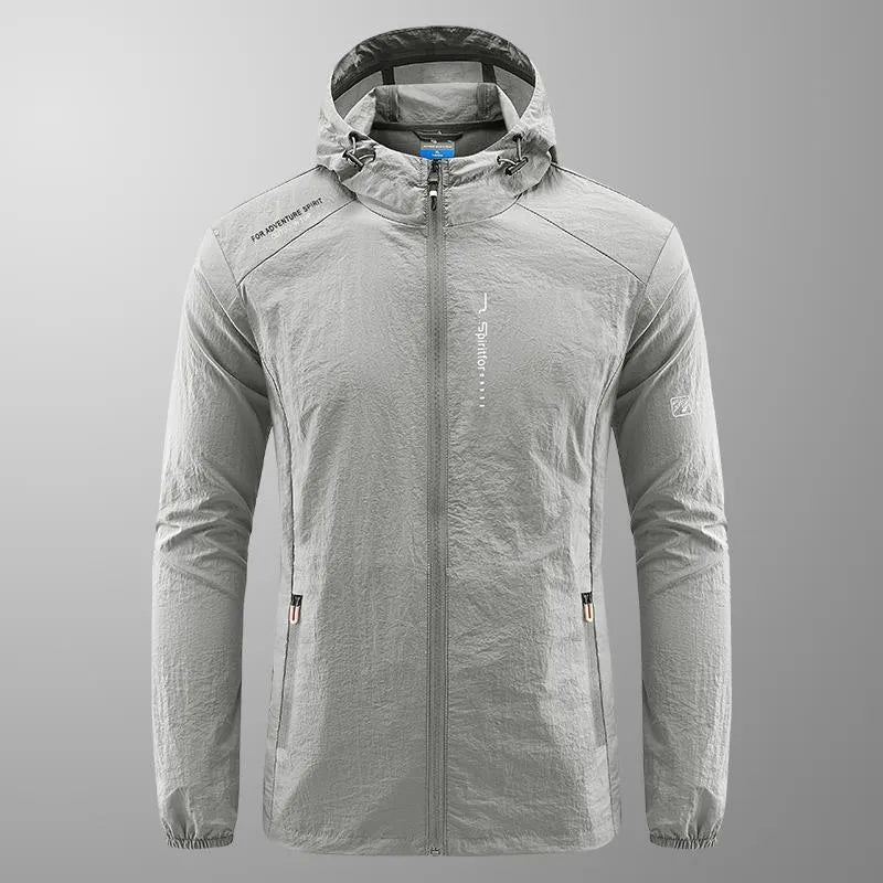 A man's lightweight hooded summer jacket in a loose fit, shown in a neutral colour like grey or blue.