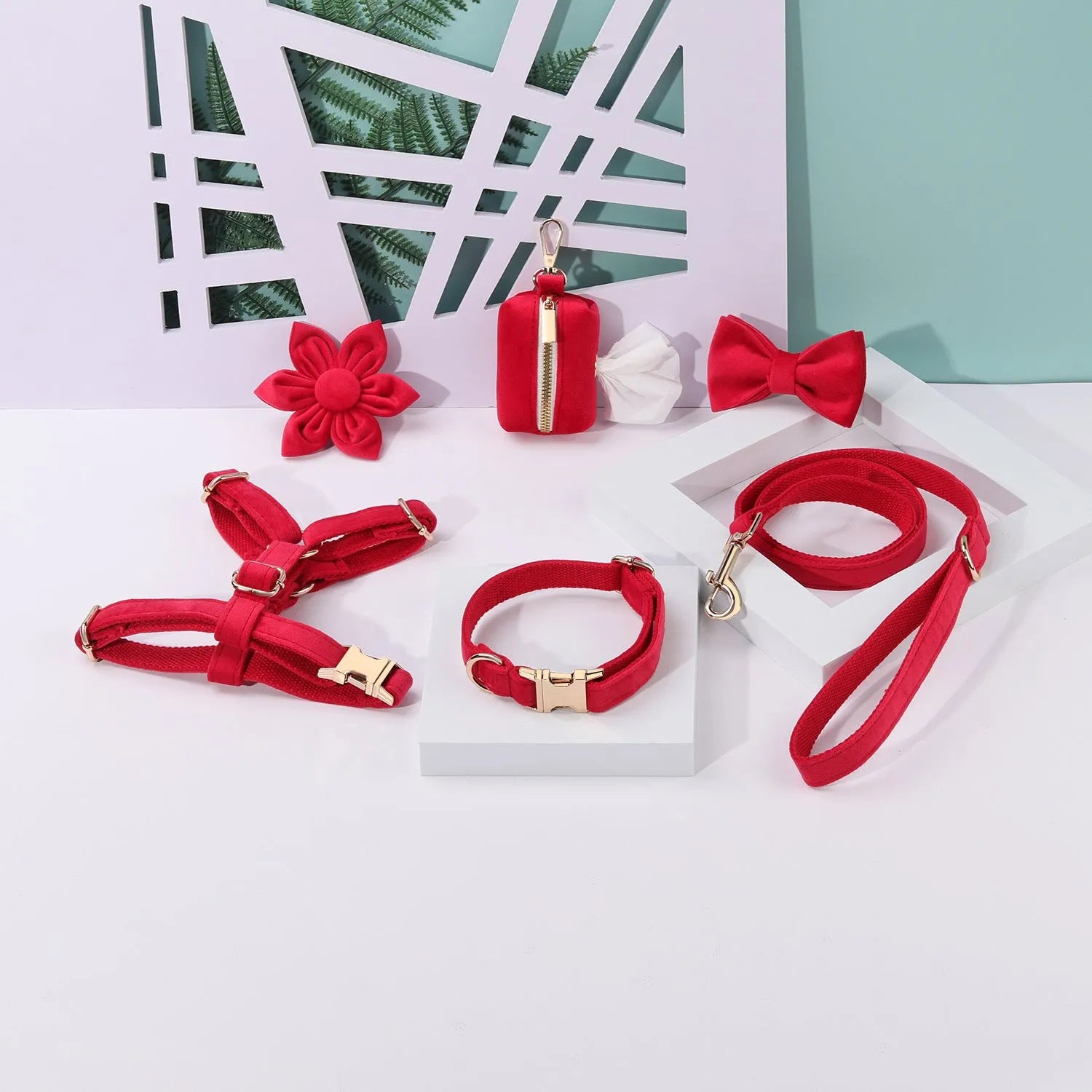 Velvet pet collar and traction rope set with bow tie and flower accessories in multiple colour options