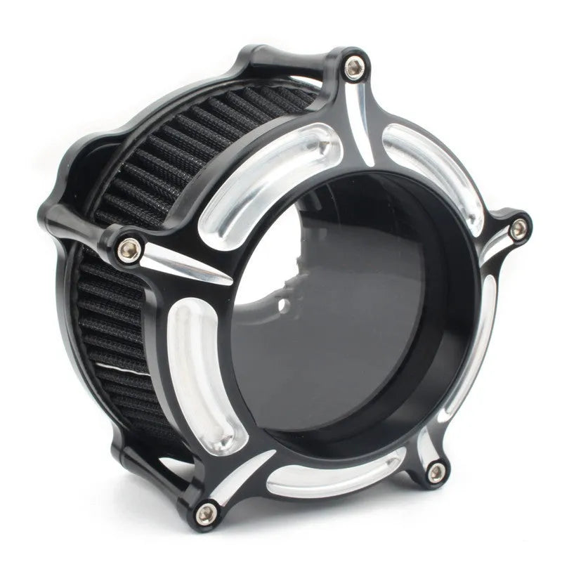 Aluminium air filter retrofitting accessories in multiple colour options including black, red, blue, and electroplated finishes