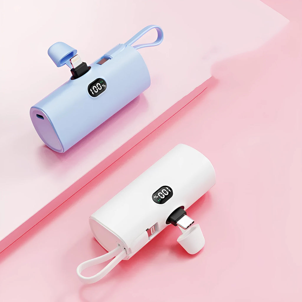 Compact rectangular power bank with digital display, showing colour options: black, white, pink, blue, green.