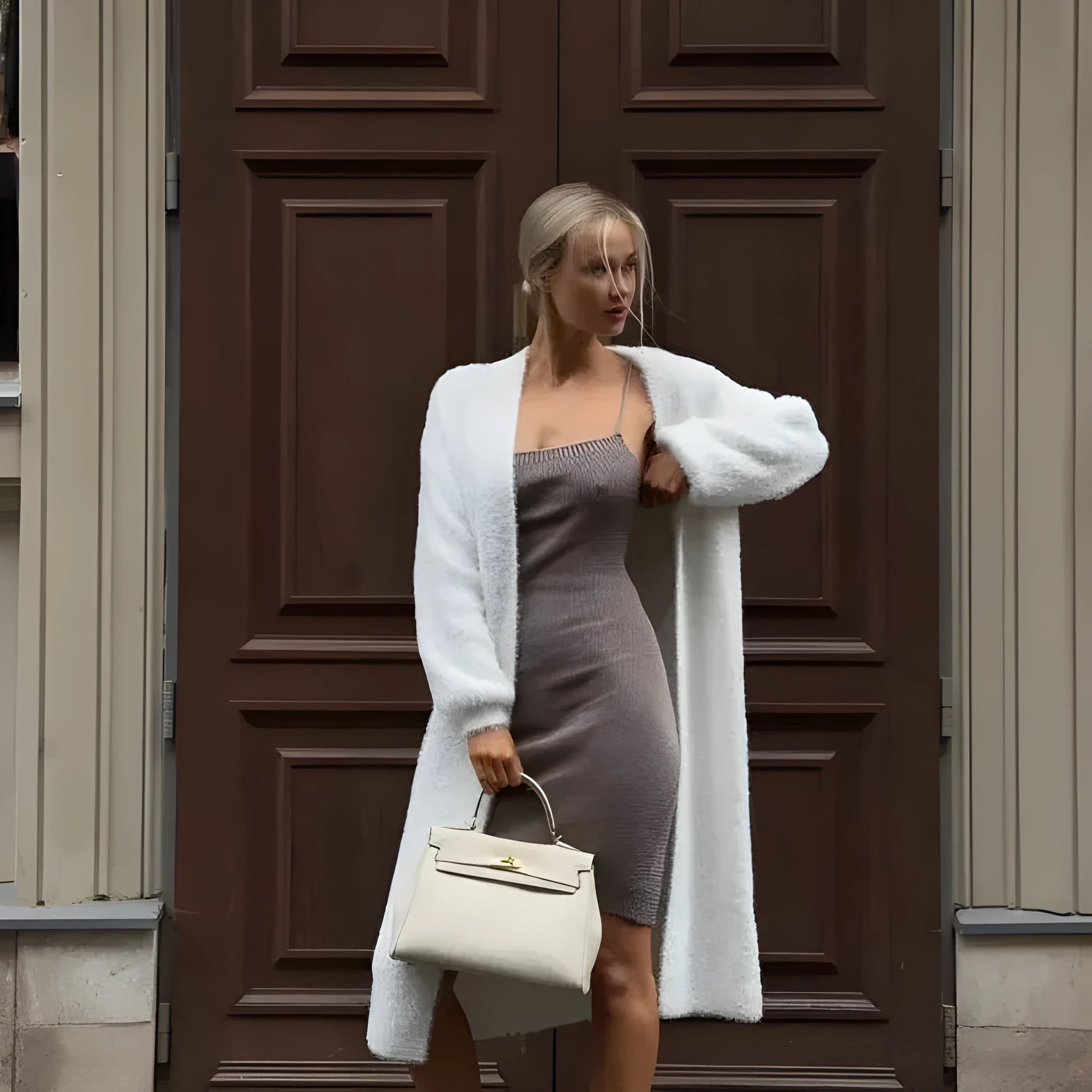 White women's sweater cardigan jacket with extended length and loose fit design