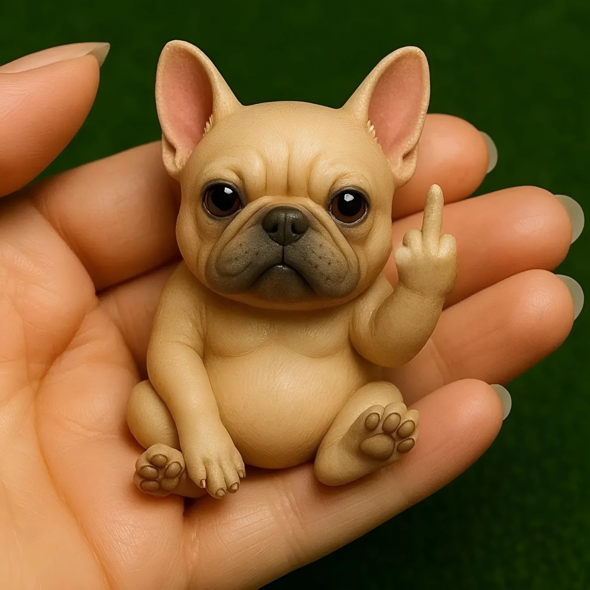 Miniature resin animal doll making a middle finger gesture, available in seven animal styles including cat and dog.