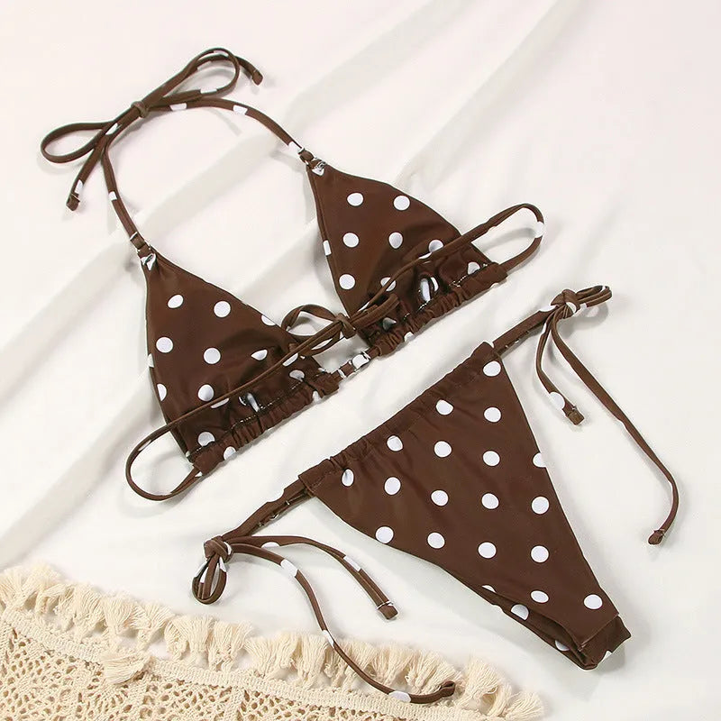 Women's polka dot print split swimsuit bikini with triangle bottom and matching bra