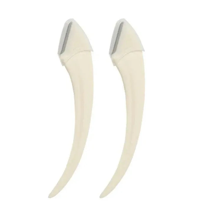 White and pink eyebrow trimming knife with curved moon comb and stainless steel blades