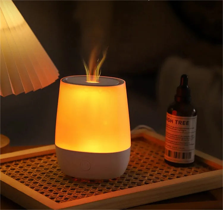 White USB aromatherapy diffuser with simulated flame effect and compact dimensions